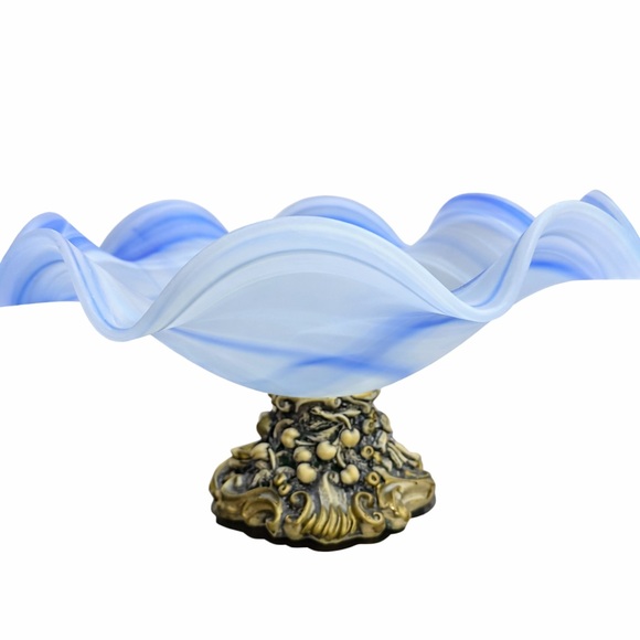 Other - Elegant Blue & White Art Glass Vase with Ornate Gold Base |